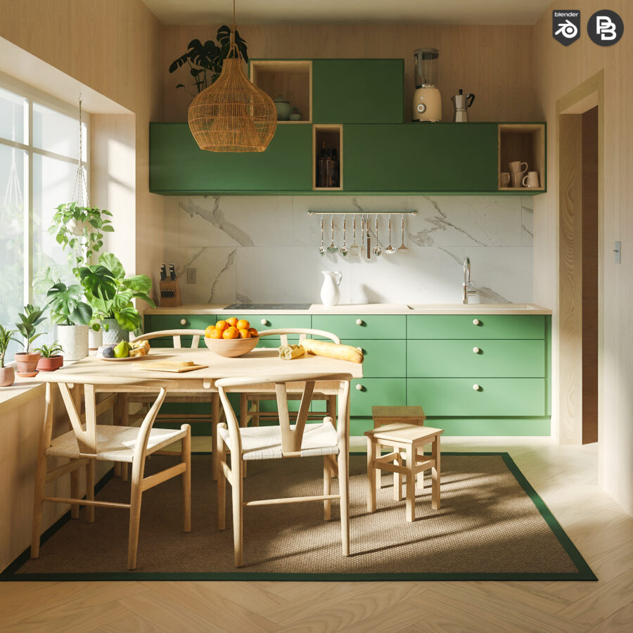 Wood and green kitchen